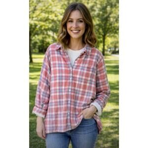 LL BEAN Top Womens 2X Plaid Flannel Fleece Lined Button Up Shacket Pink cottage